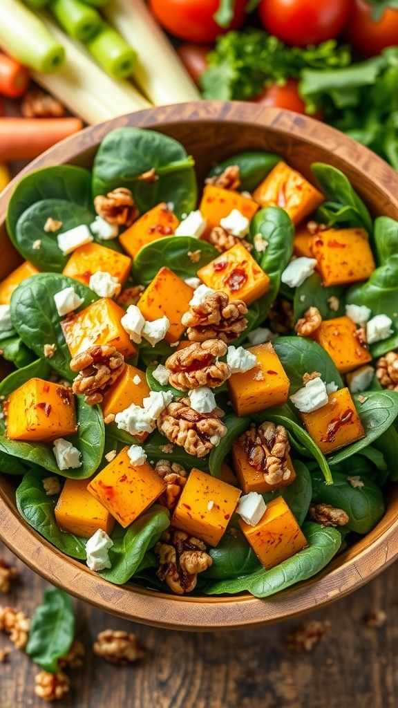 A fresh spinach and roasted yam salad with walnuts and feta cheese, presented in a wooden bowl.